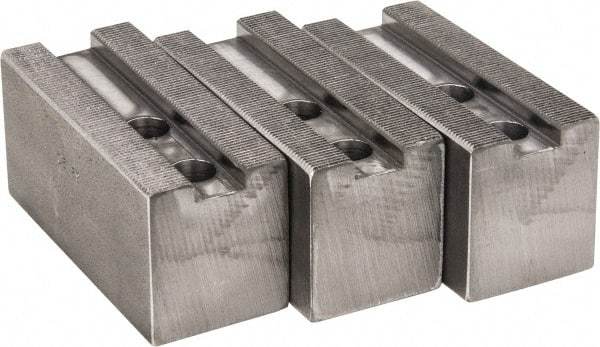 H & R Manufacturing - 1.5mm x 60° Serrated Attachment, Square Soft Lathe Chuck Jaw - 3 Jaws, Steel, 1.181" Btw Mount Hole Ctrs, 4" Long x 1-3/4" Wide x 2" High, 0.63" Groove, 12mm Fastener - Industrial Tool & Supply