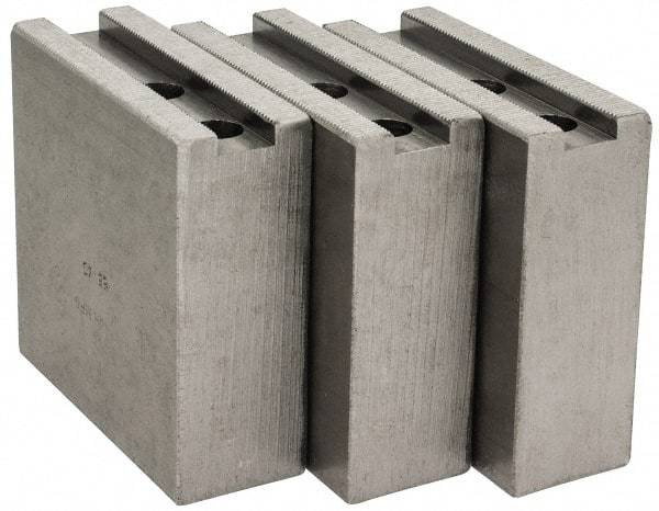 H & R Manufacturing - 1.5mm x 60° Serrated Attachment, Square Soft Lathe Chuck Jaw - 3 Jaws, Steel, 1.266" Btw Mount Hole Ctrs, 4" Long x 1-1/2" Wide x 4" High, 0.63" Groove, 12mm Fastener - Industrial Tool & Supply