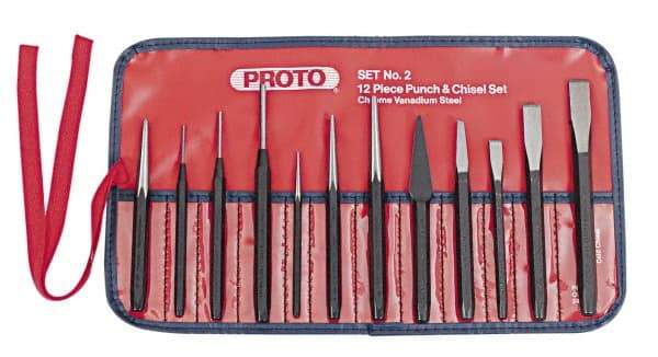 Proto - 12 Piece Punch & Chisel Set - 13/64 to 1/2" Chisel, 3/8 to 3/16" Punch, Round Shank - Industrial Tool & Supply