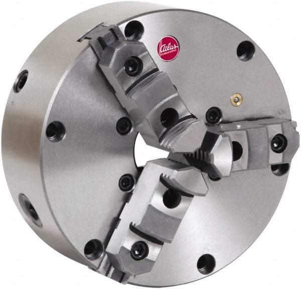 Atlas Workholding - 3 Jaws, 6" Diam, Self Centering Manual Lathe Chuck - Plain Back Mount Spindle, Adjustable, Reversible, 3,000 Max RPM, 1.54" Through Hole Diam, Cast Iron - Industrial Tool & Supply