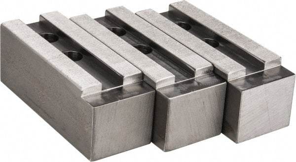 H & R Manufacturing - 1.5mm x 60° Serrated Attachment, Square Soft Lathe Chuck Jaw - 3 Jaws, Steel, 1.69" Btw Mount Hole Ctrs, 6-1/2" Long x 2-1/2" Wide x 2-1/2" High, 0.866" Groove, 20mm Fastener - Industrial Tool & Supply
