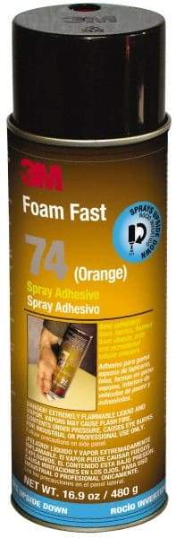 3M - 24 oz Aerosol Orange Spray Adhesive - High Tack, 170°F Heat Resistance, 40 Sq Ft Coverage, Medium Strength Bond, 15 min Max Bonding Time, Flammable, Series 74 - Industrial Tool & Supply