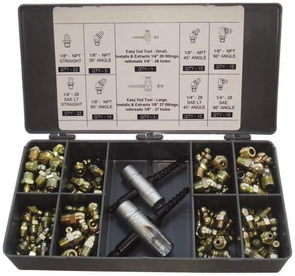 PRO-LUBE - 101 Piece, Inch, Box Plastic Steel Grease Fitting Set - Includes PTF, UNF Thread Types, Includes 1/4-28 SAE-LT: (22) Straight, (10) 45°, (10) 90°, 1/8-27 PTF: (22) Straight, (5) 30°, (10) 45°, (10) 65°, (10) 90° - Industrial Tool & Supply