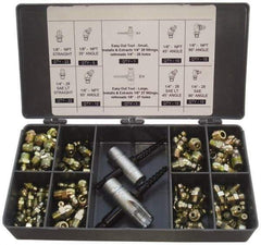 PRO-LUBE - 101 Piece, Inch, Box Plastic Steel Grease Fitting Set - Includes PTF, UNF Thread Types, Includes 1/4-28 SAE-LT: (22) Straight, (10) 45°, (10) 90°, 1/8-27 PTF: (22) Straight, (5) 30°, (10) 45°, (10) 65°, (10) 90° - Industrial Tool & Supply