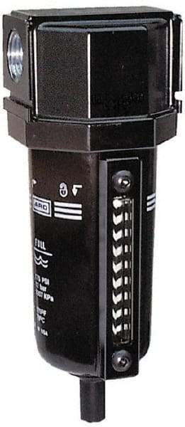 ARO/Ingersoll-Rand - 1/4" Port, 7.028" High x 2.244" Wide Compact Filter with Metal Bowl, Automatic Drain - 73 SCFM, 250 Max psi, 175°F Max Temp, Sight Glass Included, Modular Connection, 1 oz Bowl Capacity - Industrial Tool & Supply