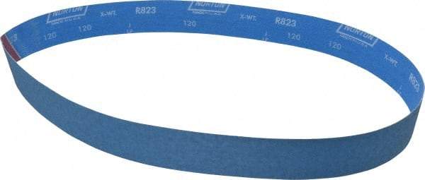 Norton - 2" Wide x 48" OAL, 120 Grit, Zirconia Alumina Abrasive Belt - Zirconia Alumina, Fine, Coated, X Weighted Cloth Backing, Series R823 - Industrial Tool & Supply
