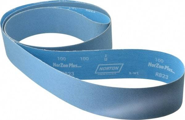 Norton - 3" Wide x 132" OAL, 100 Grit, Zirconia Alumina Abrasive Belt - Zirconia Alumina, Fine, Coated, X Weighted Cloth Backing, Series R823 - Industrial Tool & Supply