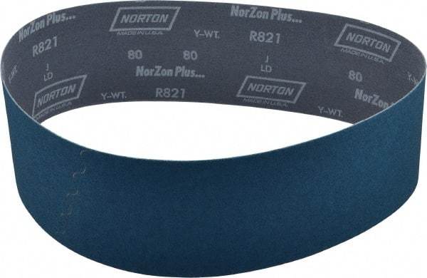 Norton - 4" Wide x 36" OAL, 80 Grit, Zirconia Alumina Abrasive Belt - Zirconia Alumina, Medium, Coated, Y Weighted Cloth Backing, Dry, Series R821 - Industrial Tool & Supply
