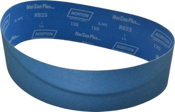 Norton - 4" Wide x 36" OAL, 120 Grit, Zirconia Alumina Abrasive Belt - Zirconia Alumina, Fine, Coated, X Weighted Cloth Backing, Series R823 - Industrial Tool & Supply