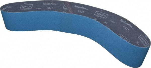 Norton - 4" Wide x 54" OAL, 80 Grit, Zirconia Alumina Abrasive Belt - Zirconia Alumina, Medium, Coated, X Weighted Cloth Backing, Series R821 - Industrial Tool & Supply