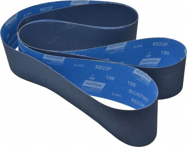 Norton - 4" Wide x 132" OAL, 120 Grit, Zirconia Alumina Abrasive Belt - Zirconia Alumina, Fine, Coated, X Weighted Cloth Backing, Series R823 - Industrial Tool & Supply