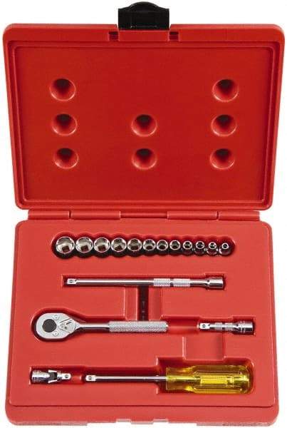 Proto - 17 Piece 1/4" Drive Socket Set - 6 Points, 4mm to 14mm Range, Metric Measurement Standard - Industrial Tool & Supply