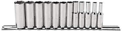 Proto - 12 Piece 1/4" Drive Deep Well Socket Set - 6 Points, 4mm to 14mm Range, Metric Measurement Standard - Industrial Tool & Supply