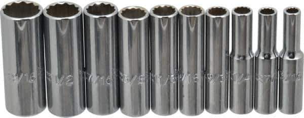 Proto - 10 Piece 1/4" Drive Deep Well Socket Set - 12 Points, 3/16" to 9/16" Range, Inch Measurement Standard - Industrial Tool & Supply