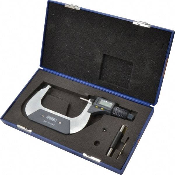 Fowler - 3 to 4 Inch Range, 0.0001 Inch Resolution, Standard Throat, IP54 Electronic Outside Micrometer - 0.0002 Inch Accuracy, Friction Thimble, 357 Battery, Data Output, Includes Case and Wrench - Industrial Tool & Supply