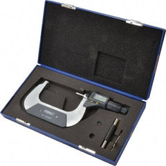 Fowler - 3 to 4 Inch Range, 0.0001 Inch Resolution, Standard Throat, IP54 Electronic Outside Micrometer - 0.0002 Inch Accuracy, Friction Thimble, 357 Battery, Data Output, Includes Case and Wrench - Industrial Tool & Supply