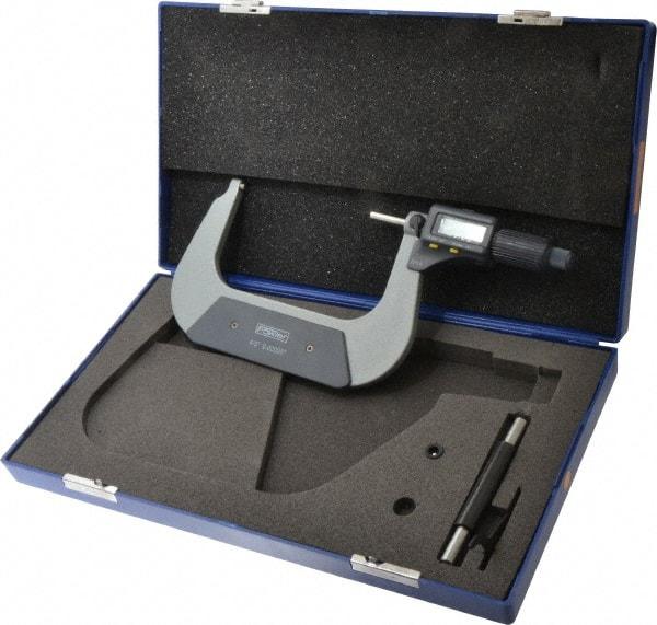 Fowler - 4 to 5 Inch Range, 0.0001 Inch Resolution, Standard Throat, IP54 Electronic Outside Micrometer - 0.0002 Inch Accuracy, Friction Thimble, 357 Battery, Data Output, Includes Case and Wrench - Industrial Tool & Supply