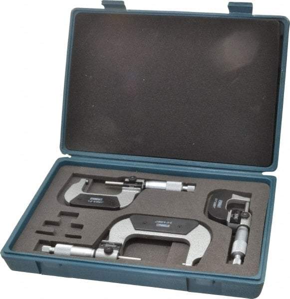 Fowler - 0 to 3" Range, 3 Piece Mechanical Outside Micrometer Set - 0.0001" Graduation, 0.00005 (0 to 1), 0.00016 (1 to 3)" Accuracy, Ratchet Stop Thimble, Carbide Tipped Face - Industrial Tool & Supply