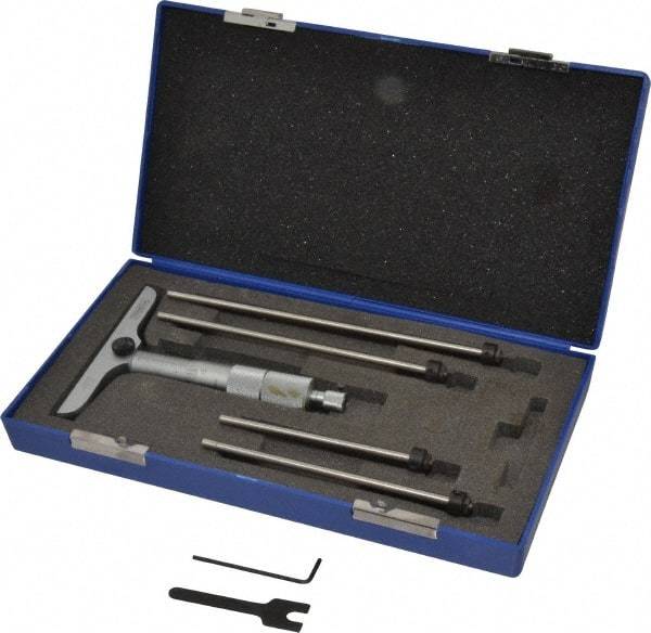 Fowler - 0 to 4" Range, 4 Rod, Satin Chrome Finish Mechanical Depth Micrometer - Ratchet Stop Thimble, 4" Base Length, 0.001" Graduation, 0.176" Rod Diam - Industrial Tool & Supply