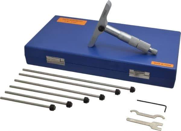Fowler - 0 to 6" Range, 6 Rod, Satin Chrome Finish Mechanical Depth Micrometer - Ratchet Stop Thimble, 4" Base Length, 0.001" Graduation, 0.176" Rod Diam - Industrial Tool & Supply