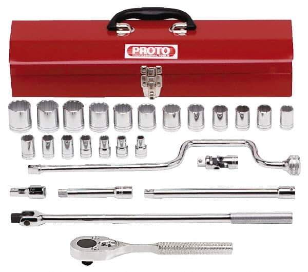 Proto - 26 Piece 1/2" Drive Socket Set - 12 Points, 3/8" to 1-1/4" Range, Inch Measurement Standard - Industrial Tool & Supply