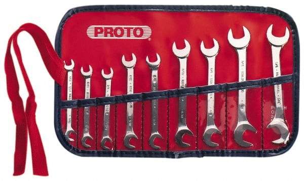Proto - 9 Piece, 7/32" x 7/32" to 1/2" x 1/2", Open End Wrench Set - Inch Measurement Standard, Satin Finish, Comes in Nylon Roll - Industrial Tool & Supply