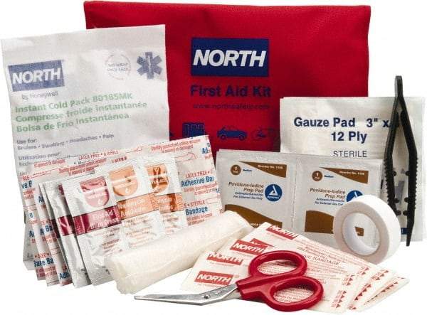 North - 39 Piece, 10 Person, Multipurpose/Auto/Travel First Aid Kit - 4-1/2" Wide x 1-1/2" Deep x 7" High, Nylon Bag - Industrial Tool & Supply