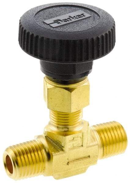 Parker - 3,000 Max psi, 3/8" Pipe, Brass, Inline Instrumentation Needle Valve - MNPT x MNPT End Connections - Industrial Tool & Supply