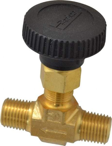 Parker - 3,000 Max psi, 1/4" Pipe, Brass, Inline Instrumentation Needle Valve - MNPT x MNPT End Connections - Industrial Tool & Supply