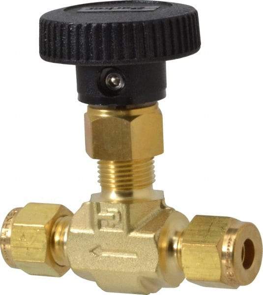 Parker - 3,000 Max psi, 1/4" Pipe, Brass, Inline Instrumentation Needle Valve - Compression x Compression CPI End Connections - Industrial Tool & Supply
