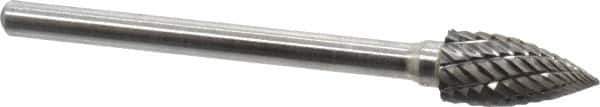 Atrax - 1/4" Cut Diam, 1/8" Shank Diam, Tree Head Double Cut Burr - Carbide, Point End, 1/2" LOC, 1-3/4" OAL - Industrial Tool & Supply