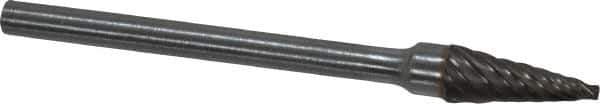 Atrax - 3/16" Cut Diam, 1/8" Shank Diam, Cone Head Single Cut Burr - Carbide, Point End, 1/2" LOC, 1-1/2" OAL - Industrial Tool & Supply