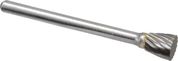 Atrax - 1/4" Cut Diam, 1/8" Shank Diam, Inverted Cone Head Single Cut Burr - Flat End, 1/4" LOC, 1-1/2" OAL - Industrial Tool & Supply