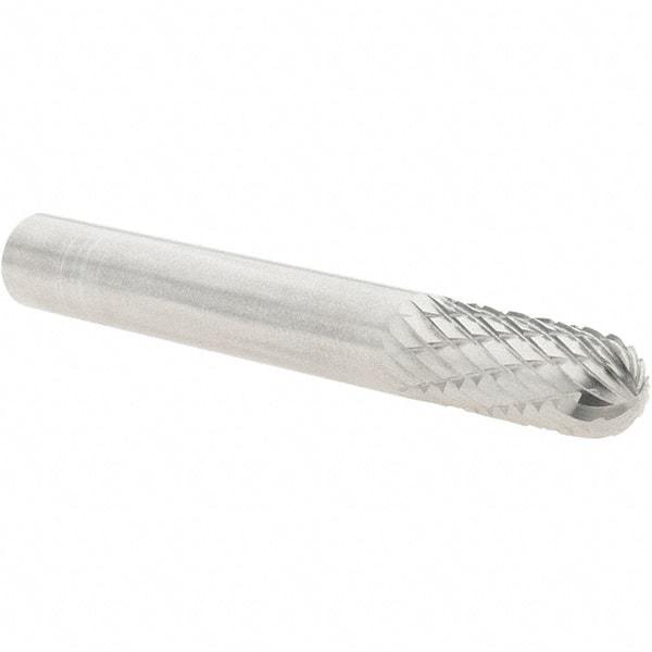Atrax - 1/4" Cut Diam, 1/4" Shank Diam, Cylinder with Radius Head Double Cut Burr - Carbide, Radius End, 5/8" LOC, 2" OAL - Industrial Tool & Supply