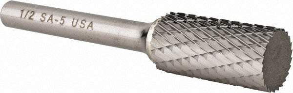 Atrax - 1/2" Cut Diam, 1/4" Shank Diam, Cylinder Head Double Cut Burr - Carbide, Flat End, 1" LOC, 2-3/4" OAL - Industrial Tool & Supply