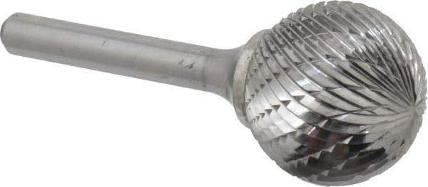 Atrax - 1" Cut Diam, 1/4" Shank Diam, Ball Head Double Cut Burr - Carbide, Radius End, 15/16" LOC, 2-11/16" OAL - Industrial Tool & Supply