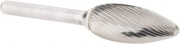 Atrax - 5/8" Cut Diam, 1/4" Shank Diam, Flame Head Single Cut Burr - Carbide, Radius End, 1-7/16" LOC, 3-3/16" OAL - Industrial Tool & Supply