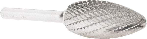 Atrax - 3/4" Cut Diam, 1/4" Shank Diam, Flame Head Double Cut Burr - Carbide, Radius End, 1-5/8" LOC, 3-3/8" OAL - Industrial Tool & Supply