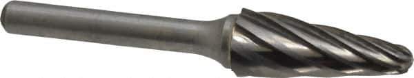 Atrax - 1/2" Cut Diam, 1/4" Shank Diam, Taper Head Fluted Cut Burr - Radius End, 1-1/8" LOC, 3" OAL - Industrial Tool & Supply
