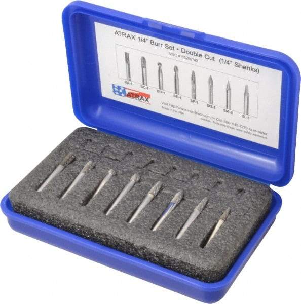 Atrax - 8 Piece, 1/4" Shank Burr Set - Tungsten Carbide, Multiple Head Shape - Industrial Tool & Supply