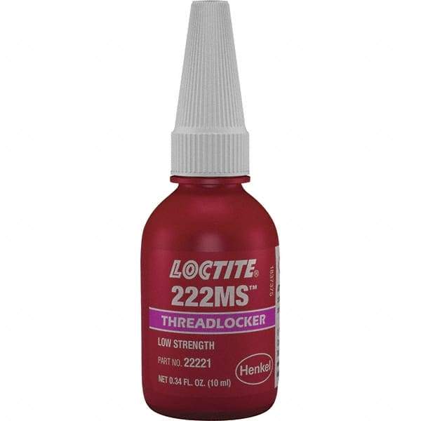 Loctite - 10 mL Bottle, Purple, Low Strength Liquid Threadlocker - Series 222, 24 hr Full Cure Time, Hand Tool Removal - Industrial Tool & Supply