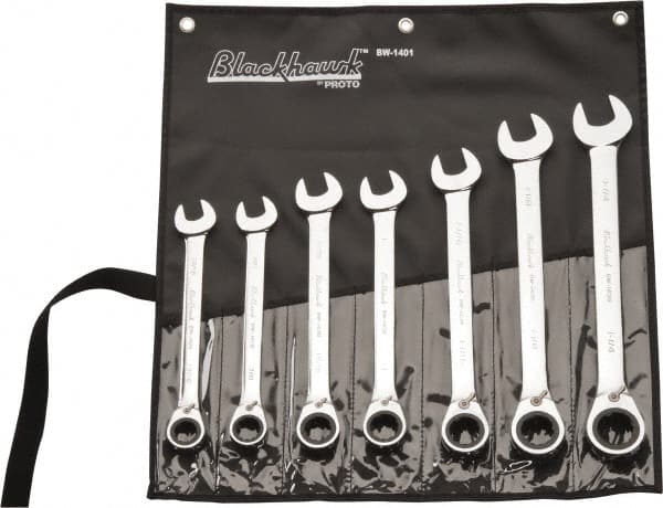 Blackhawk by Proto - 7 Pc, 13/16 - 1-1/4", Reversible Ratcheting Combination Wrench Set - Industrial Tool & Supply