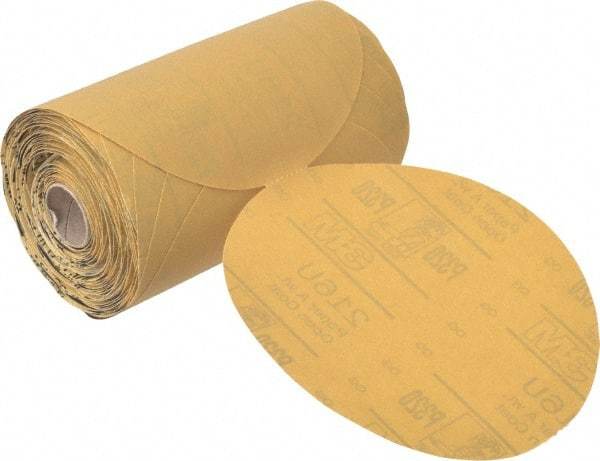 3M - 6" Diam, 320 Grit Aluminum Oxide Adhesive PSA Disc - Extra Fine Grade, Gold, A Weighted Backing, Flexible, Use with Random Orbital Sanders - Industrial Tool & Supply