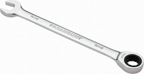 Paramount - 7/16" 12 Point Ratcheting Combination Wrench - 6-1/2" OAL, Chrome Vanadium Steel, Polished Finish - Industrial Tool & Supply
