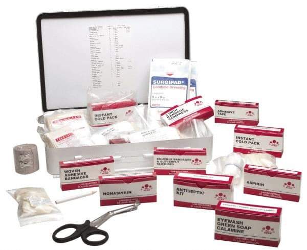 Ability One - 250 Piece, 25 Person, Full First Aid Kit - 10" Wide x 2-3/4" Deep x 14-1/2" High, Metal Case - Industrial Tool & Supply