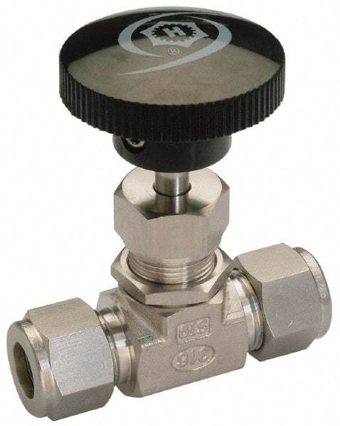 Ham-Let - 5,000 Max psi, 3/8" Pipe, 316 Grade Stainless Steel, Inline Stem Vee Instrumentation Needle Valve - Compression x Compression End Connections, Swaglok SS-1VS6 - Industrial Tool & Supply