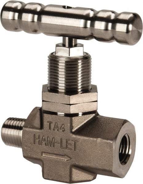 Ham-Let - 5,000 Max psi, 1/4" Pipe, 316 Grade Stainless Steel, Inline Soft Seat Instrumentation Needle Valve - MNPT x FNPT End Connections, Swaglok SS-1KM4-F4-SH - Industrial Tool & Supply