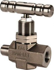Ham-Let - 5,000 Max psi, 1/4" Pipe, 316 Grade Stainless Steel, Inline Soft Seat Instrumentation Needle Valve - MNPT x FNPT End Connections, Swaglok SS-1KM4-F4-SH - Industrial Tool & Supply