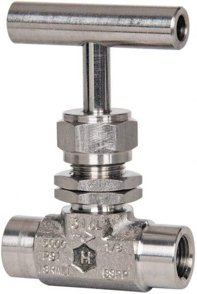 Ham-Let - 5,000 Max psi, 1/4" Pipe, 316 Grade Stainless Steel, Inline Stem Vee Instrumentation Needle Valve - FNPT x FNPT End Connections, Swaglok SS-1VF4-SH - Industrial Tool & Supply