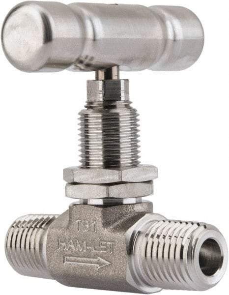 Ham-Let - 5,000 Max psi, 1/4" Pipe, 316 Grade Stainless Steel, Inline Stem Vee Instrumentation Needle Valve - MNPT x MNPT End Connections, Swaglok SS-1VM4-SH - Industrial Tool & Supply